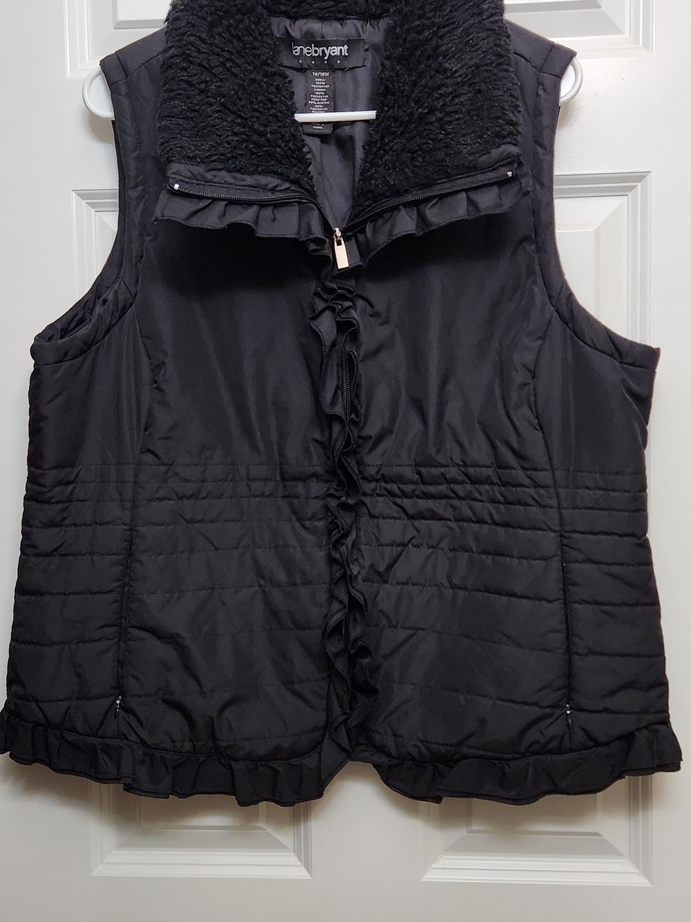 Women's 14/16. Lane Bryant Black Ruffled Quilted Vest with Faux Shearling Collar